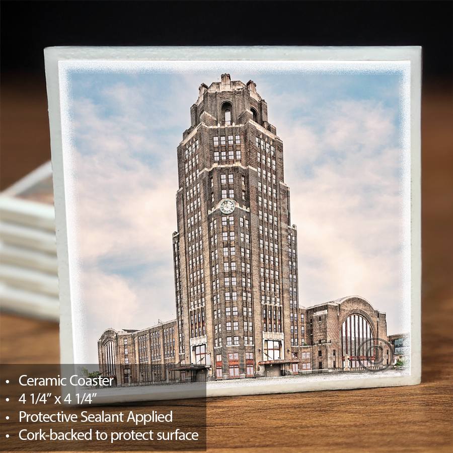 Central Terminal Front View Ceramic Coaster - Buffalo History