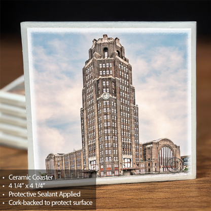 Central Terminal Front View Ceramic Coaster - Buffalo History