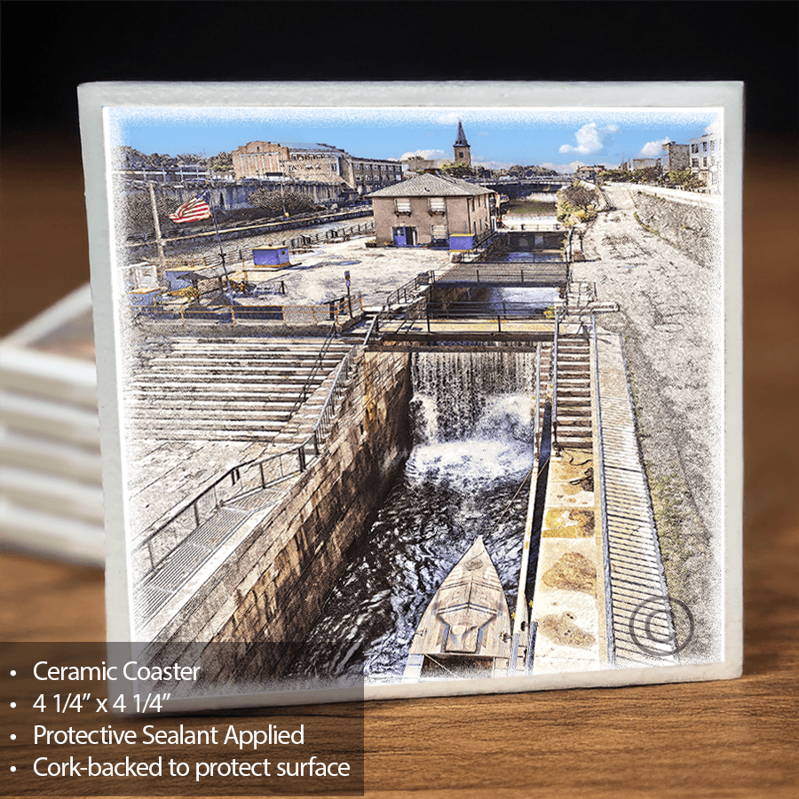Ceramic coaster with a scenic design Lockport Locks