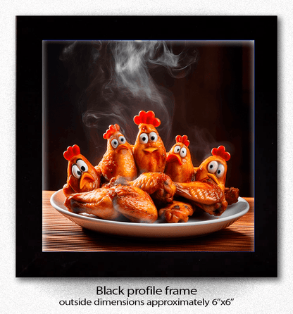 Framed Chicken Wings Coaster with black profile frame, showcasing humorous chicken wings image, perfect for novelty kitchen wall art.