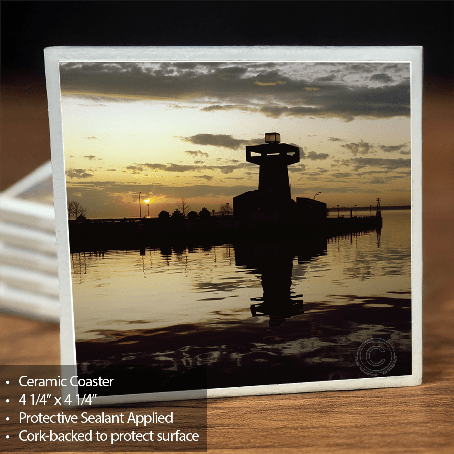 Ertie Basin Marina Tower Ceramic coaster with sunset over water 