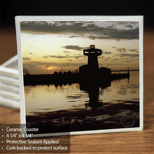 Ertie Basin Marina Tower Ceramic coaster with sunset over water 