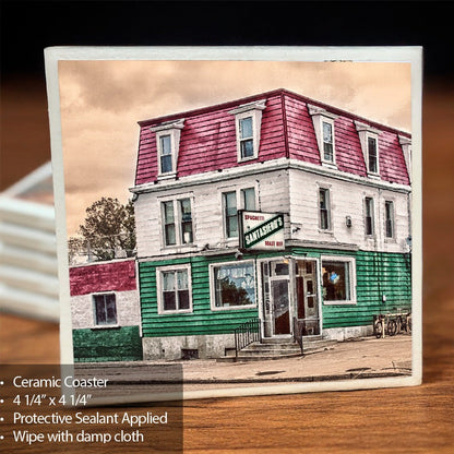 Santasiero's Italian Coaster featuring a vintage photo of the Italian restaurant in Buffalo, NY. Ceramic with protective sealant and cork backing.