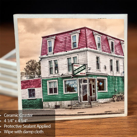 Santasiero's Italian Coaster featuring a vintage photo of the Italian restaurant in Buffalo, NY. Ceramic with protective sealant and cork backing.