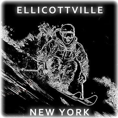 Four instances of a logo with a person skiing, labeled 'Ellicottville, New York', in different color schemes.