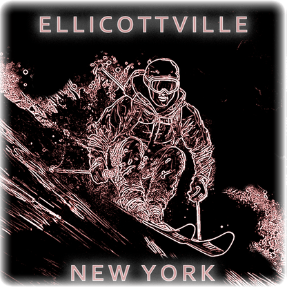 Four instances of a logo with a person skiing, labeled 'Ellicottville, New York', in different color schemes.