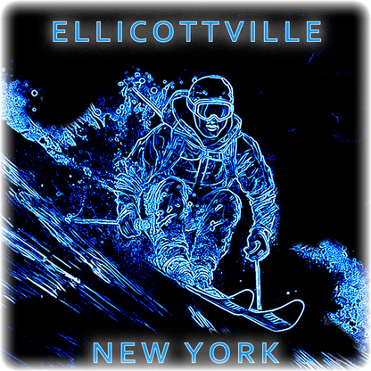 Four instances of a logo with a person skiing, labeled 'Ellicottville, New York', in different color schemes.