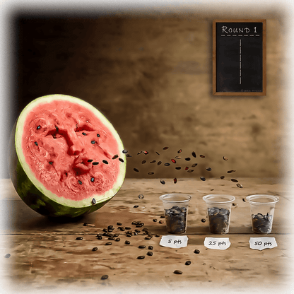 Watermelon Seed Spitting Ceramic Wall Art - Kitchen Decor featuring a whimsical watermelon spitting seeds into labeled cups for points. Ideal for food-themed kitchen wall art or trivet use.
