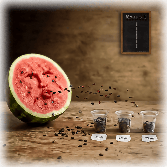 Watermelon Seed Spitting Ceramic Wall Art - Kitchen Decor featuring a whimsical watermelon spitting seeds into labeled cups for points. Ideal for food-themed kitchen wall art or trivet use.