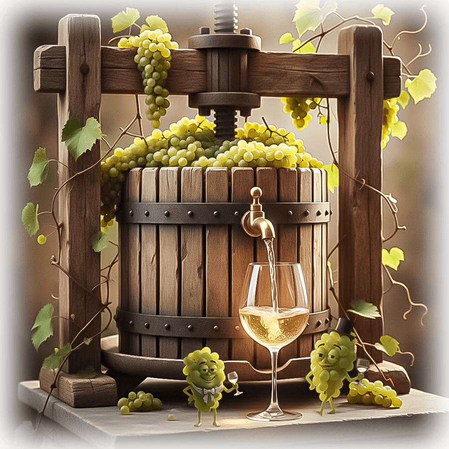 Wine Press Ceramic Tile features a rustic wine press with white grapes and a glass of wine, ideal for kitchen wall art or trivet decor.