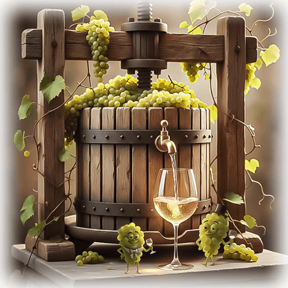 Wine Press Ceramic Tile features a rustic wine press with white grapes and a glass of wine, ideal for kitchen wall art or trivet decor.