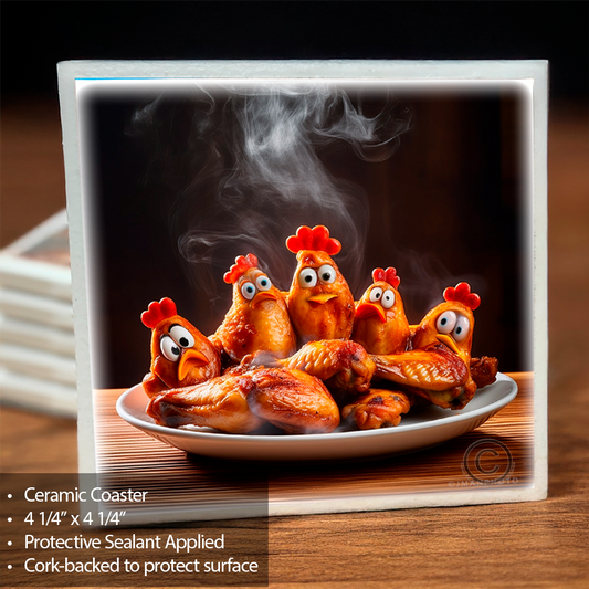 Chicken Wings Coaster featuring comical cartoon chicken wings in a ceramic design with steam effect, ideal for kitchen or bar decor.