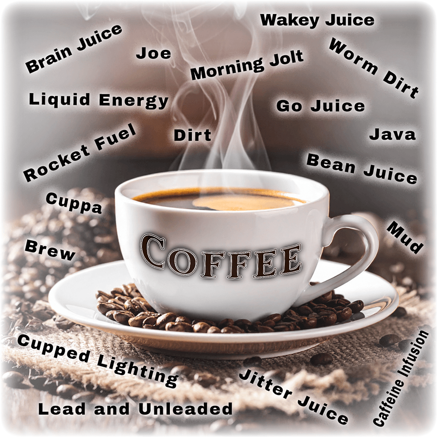 Ceramic coaster for coffee with humorous coffee nicknames like 'Wakey Juice' and 'Rocket Fuel' in bold text. Features cork backing and photography design.