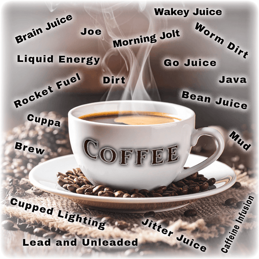 Ceramic coaster for coffee with humorous coffee nicknames like 'Wakey Juice' and 'Rocket Fuel' in bold text. Features cork backing and photography design.