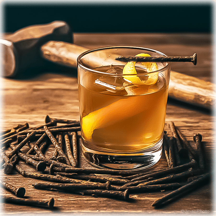 Rusty Nail Cocktail on ceramic tile with lemon twist garnish, surrounded by rusty nails and hammer, used as wall art and trivet decor.