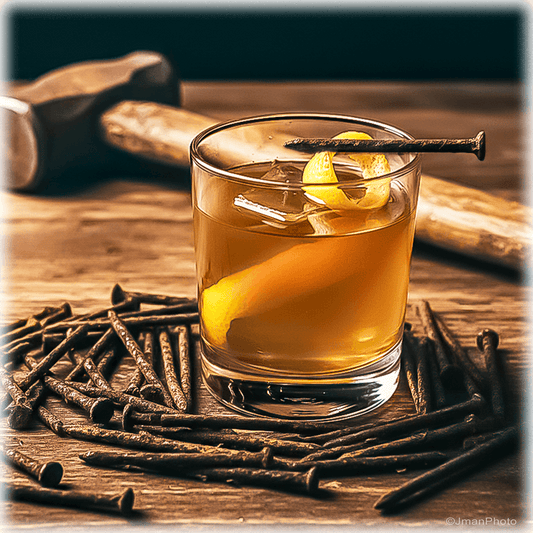 Rusty Nail Cocktail on ceramic tile with lemon twist garnish, surrounded by rusty nails and hammer, used as wall art and trivet decor.
