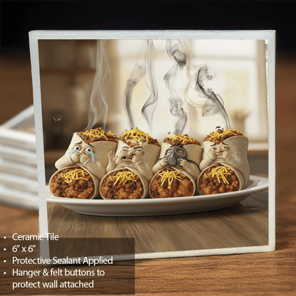 Overloaded Burrito Wall Art - Funny Kitchen | Durable Ceramic tile features expressive burritos with faces, perfect for humorous kitchen decor.