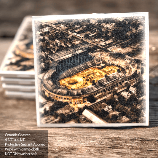 Ceramic coaster featuring War Memorial Stadium aerial photo, sealed for protection and perfect for nostalgic Buffalo-themed decor.