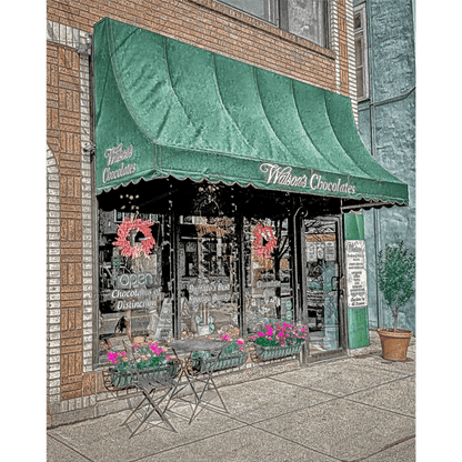 Watson's Chocolates Elmwood Photo - Nostalgic Shop Image featuring green awning, floral decor, and vintage storefront charm. Ideal Buffalo-WNY wall art.
