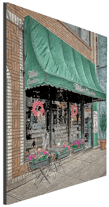 Watson's Chocolates Elmwood Photo features a nostalgic storefront with green awning and festive decor. Ideal Buffalo-WNY wall art in 5 sizes.
