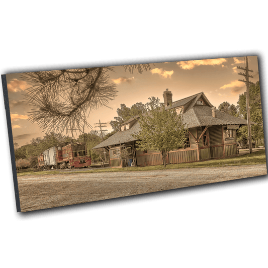 Mounted Williamsville Train Station Art - Depot-Locomotive print with angled view, showcasing historic charm for home or office wall display.