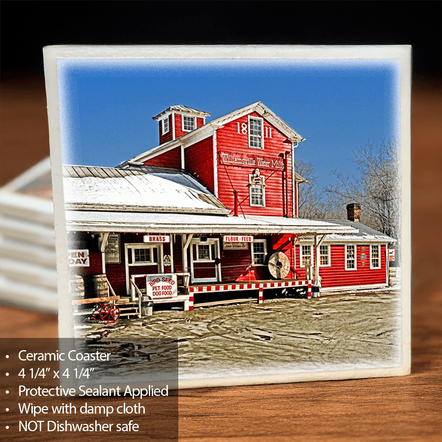 Williamsville Water Mill Ceramic Coaster - Unique Design featuring a vivid red historic mill with snow, sealed surface, 4 1/4" square, cork backing.