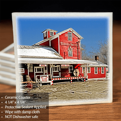 Williamsville Water Mill Ceramic Coaster - Unique Design featuring a vivid red historic mill with snow, sealed surface, 4 1/4" square, cork backing.