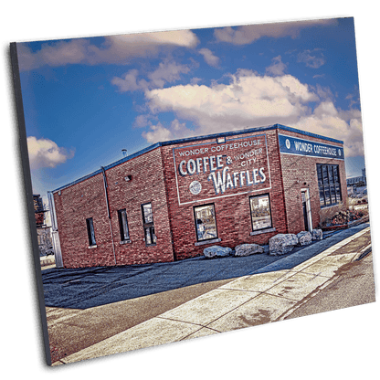 Wonder Coffee House photo featuring a red brick building with vintage signage in Buffalo, NY. Ideal wall art for fans of Liege waffles and local charm.