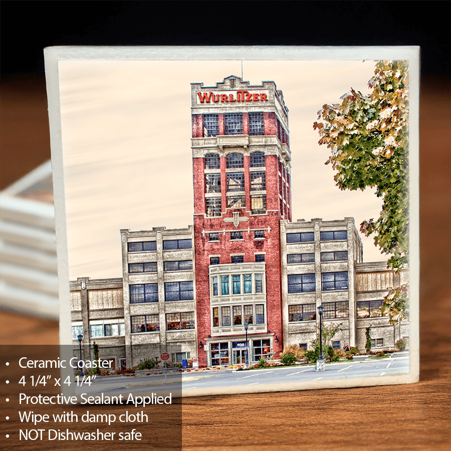 Wurlitzer Ceramic Coaster featuring Buffalo landmark in red brick design. Scratch-resistant with cork backing, ideal for home bar decor.