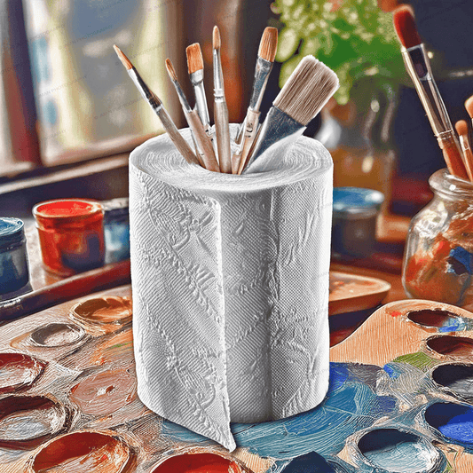 Artist Brushes Toilet Paper – Art Decor featuring a roll of toilet paper holding paintbrushes, set on a colorful painter’s palette background. Unique bathroom wall art for creative home decor.