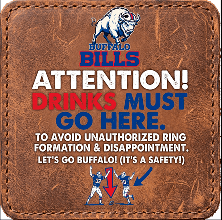 Buffalo Bills ceramic coaster with safety instructions, featuring team logo and football players, protects surfaces during game days