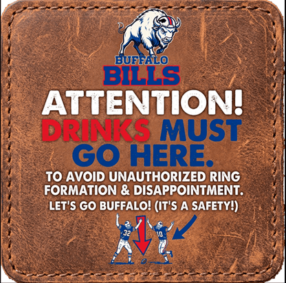 Buffalo Bills ceramic coaster with safety instructions, featuring team logo and football players, protects surfaces during game days