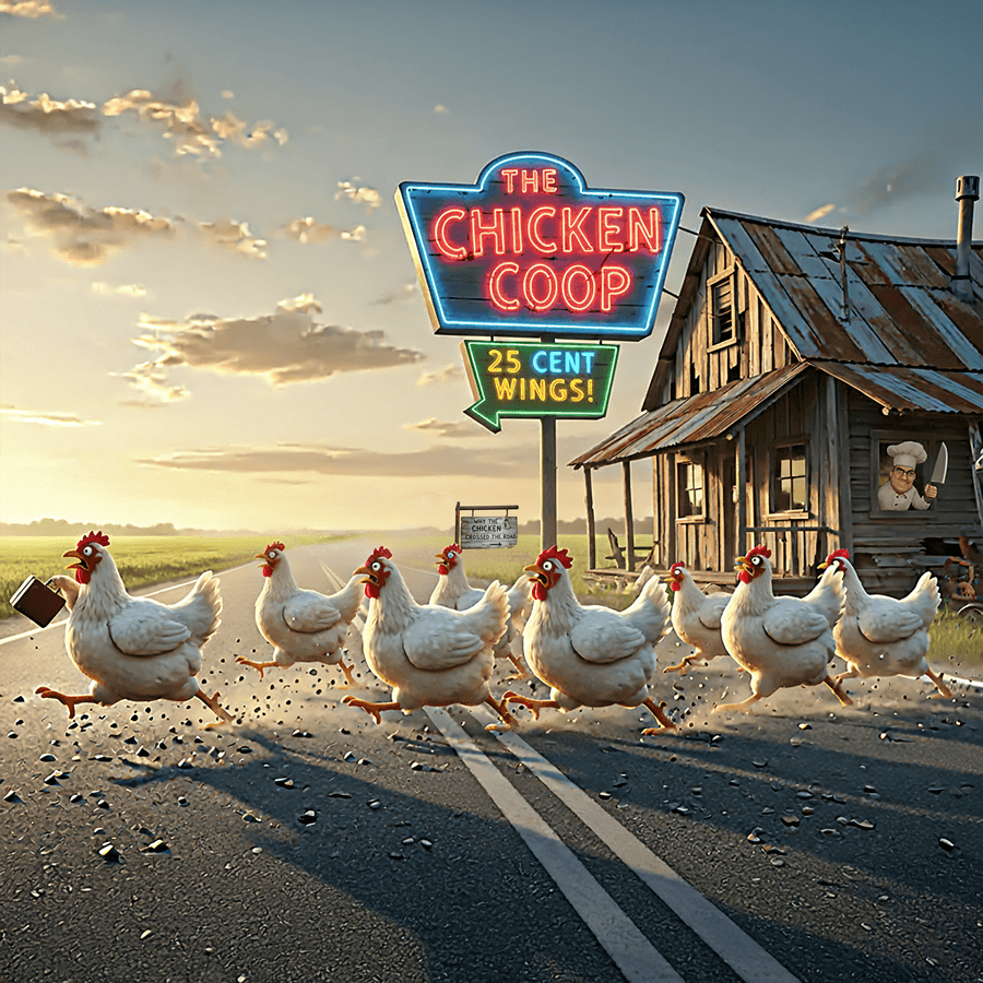 Ceramic kitchen wall art print featuring a humorous scene of chickens crossing a road near a retro diner sign reading 'The Chicken Coop – 25 Cent Wings'.