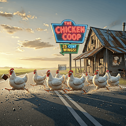 Ceramic kitchen wall art print featuring a humorous scene of chickens crossing a road near a retro diner sign reading 'The Chicken Coop – 25 Cent Wings'.
