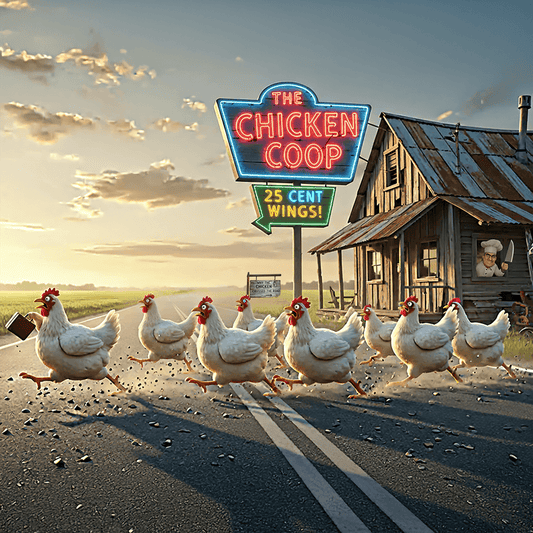Ceramic kitchen wall art print featuring a humorous scene of chickens crossing a road near a retro diner sign reading 'The Chicken Coop – 25 Cent Wings'.