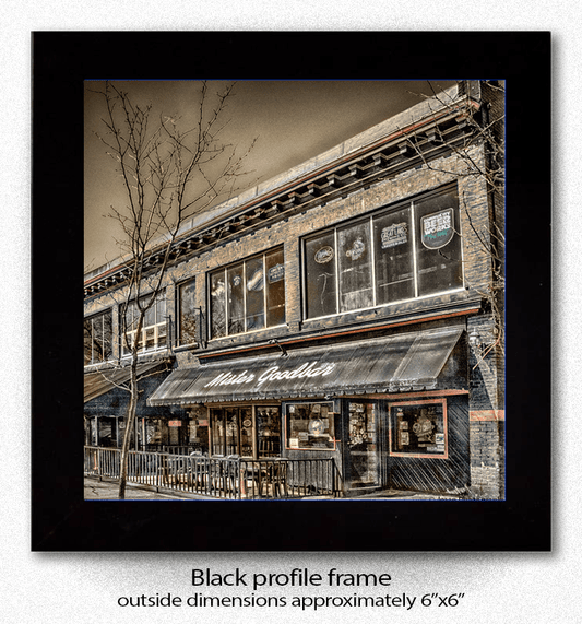 Framed print of Mister Goodbar Buffalo landmark photo by Jman Photography. Black profile frame measures approximately 6” x 6”.