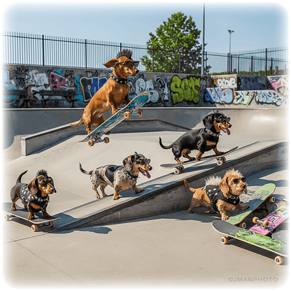 Dachshund Dogs on skateboards - Funny  Art:Ceramic Coaster, Ceramic Wall TIle, Ceramic Trivet, Print