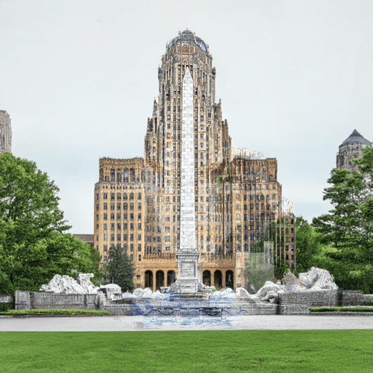 Buffalo City Hall and McKinley Monument captured in high-resolution photography, showcasing vintage charm and architectural grandeur for wall art.