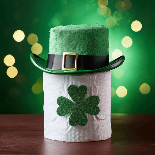 Close-up of St. Patrick's Day toilet paper wall art with glittery shamrock and green top hat, ideal for humorous festive bathroom decor.