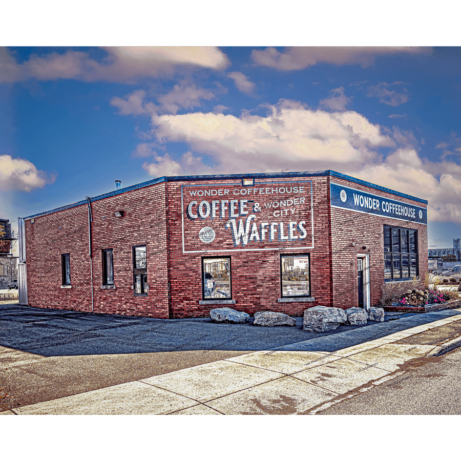Wonder Coffee House & Waffles building in Buffalo NY with vintage brick exterior and bold signage. Ideal wall art for Buffalo architecture lovers.