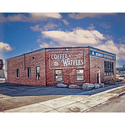 Wonder Coffee House & Waffles building in Buffalo NY with vintage brick exterior and bold signage. Ideal wall art for Buffalo architecture lovers.
