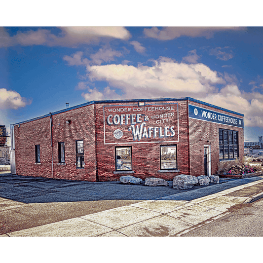 Wonder Coffee House & Waffles building in Buffalo NY with vintage brick exterior and bold signage. Ideal wall art for Buffalo architecture lovers.