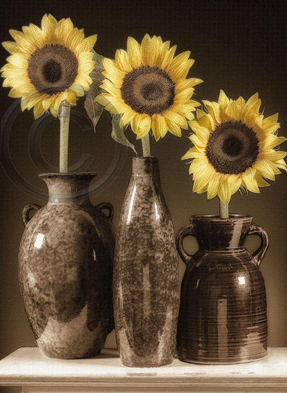 3 Sunflowers in vases on shelf photograph Still Life jmanphoto
