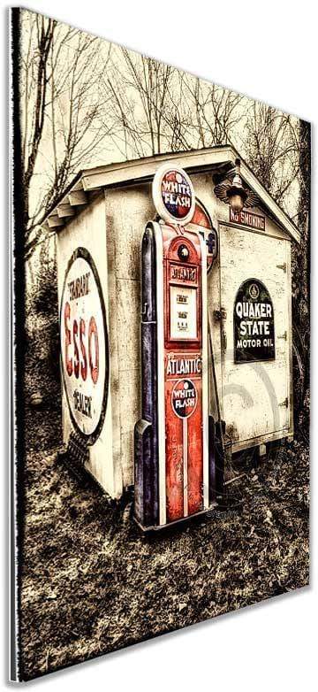Digitally enhanced Atlantic White Flash Gas Pump artwork printed on a mounted panel, showcasing nostalgic automotive decor from Pennsylvania back roads.