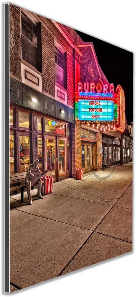 Mounted Aurora Theatre print showcasing historic East Aurora landmark with vibrant night lighting. Perfect wall art for Buffalo architecture lovers.