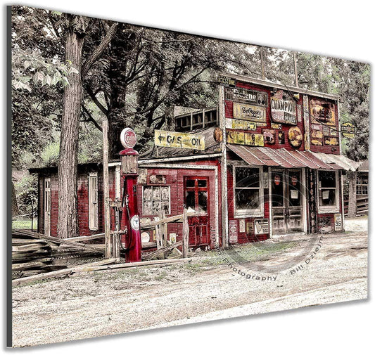Classic Pennsylvania gas station artwork print with retro automotive signs and gas pump, ideal for home or garage decor collectors.
